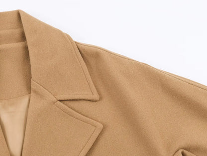 Women's Khaki Woolen Overcoat Korean Style Elegant Long Sleeve Warm Long Outerwear Vintage Harajuku 2000s Fashion Clothes Winter