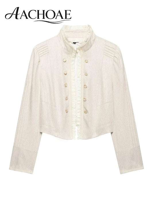 Women's Cropped Military Blazer Ruffle Trim Stand Collar Jacket Double Button Vintage Elegant Long Sleeve Suit Coat