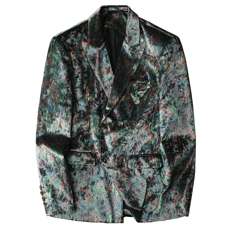 Korean Velvet Printed Suit Jacket for Men Double-breasted Social Business Jacket High Quality Casual Banquet Party Jacket 2025