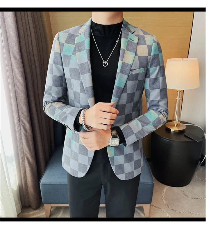 Brand Luxury Plaid Suit Jacket for Men 2023 Autumn Casual Blazer Masculino Fashion Slim Business Wedding Groom Social Dress Coat