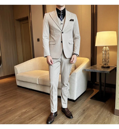 (Blazer + Vest + Trousers) 2024 New Men Formal Business Solid Suit 3 Pieces Set Italian Style Luxury Wedding Social Party Tuxedo