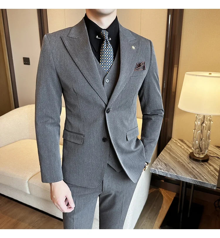 (Blazer + Vest + Trousers) 2024 New Men Formal Business Solid Suit 3 Pieces Set Italian Style Luxury Wedding Social Party Tuxedo