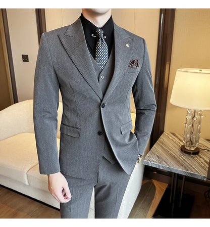 (Blazer + Vest + Trousers) 2024 New Men Formal Business Solid Suit 3 Pieces Set Italian Style Luxury Wedding Social Party Tuxedo