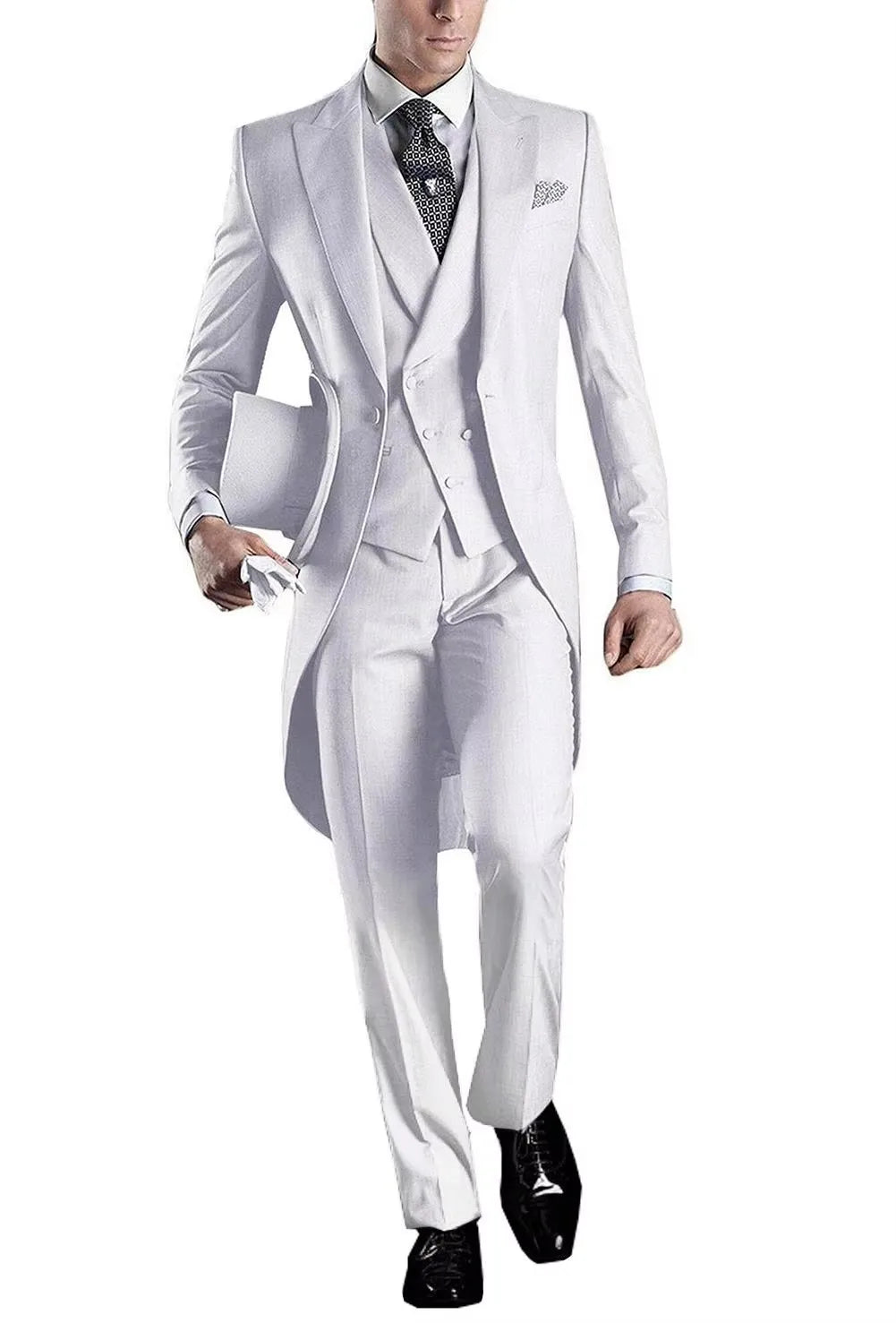 Men's 3-Piece Solid Long Tailcoat Tuxedo Set Formal Wedding Groom Clothing Jacket Pants Vest for Prom Party Fashion Male Suits