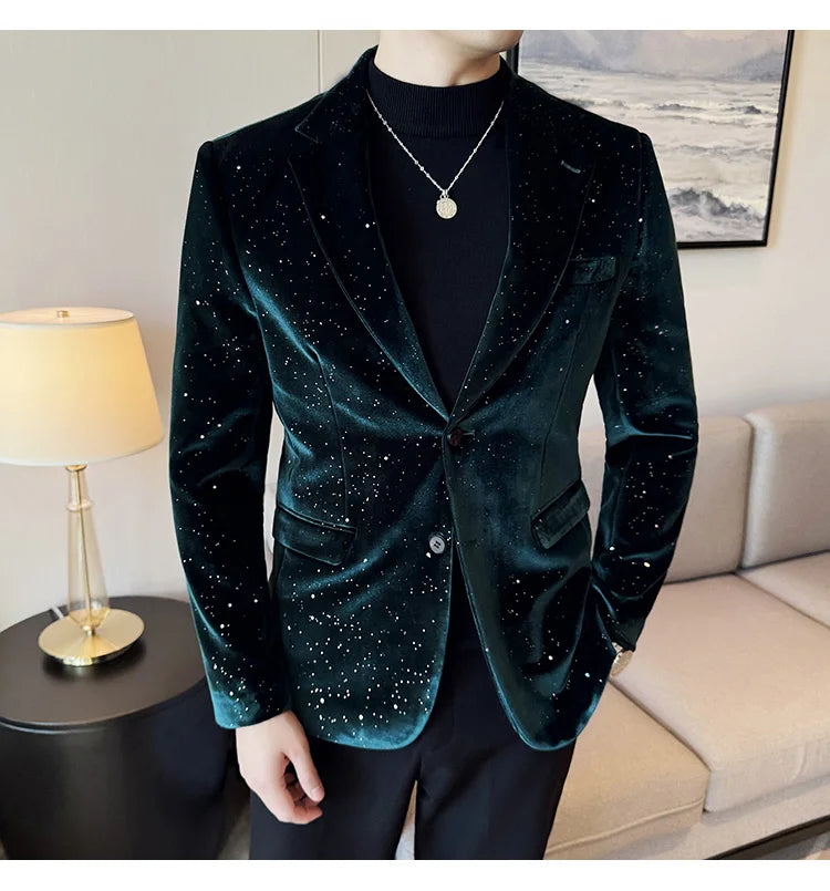 2025 Autumn New Velvet Jacket Men's Blazer Business Fashion Hot Stamping Printed Suit Jacket High-quality Luxury Dress Suit