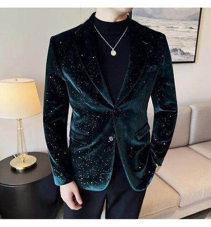 2025 Autumn New Velvet Jacket Men's Blazer Business Fashion Hot Stamping Printed Suit Jacket High-quality Luxury Dress Suit