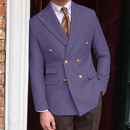 Men's Brown Serge Blazer Double Breasted Peak Lapel Gold Button Slim Fit British Style Fashion Suit Jacket Formal Business Casua