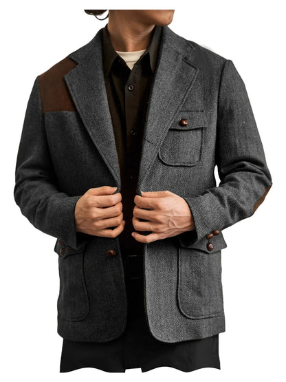 Men's Herringbone Tweed Blazer Shoulder Patchwork Suede Notch Lapel Suit Jacket Classic Fit Casual Business Vintage Sport Coat