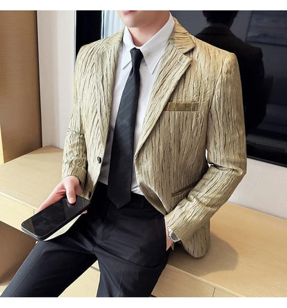 Korean Trend 3D Pleated Suit Jacket for Men Wedding Groom Business Dress Jacket Casual Banquet Party Host Blazer Masculino