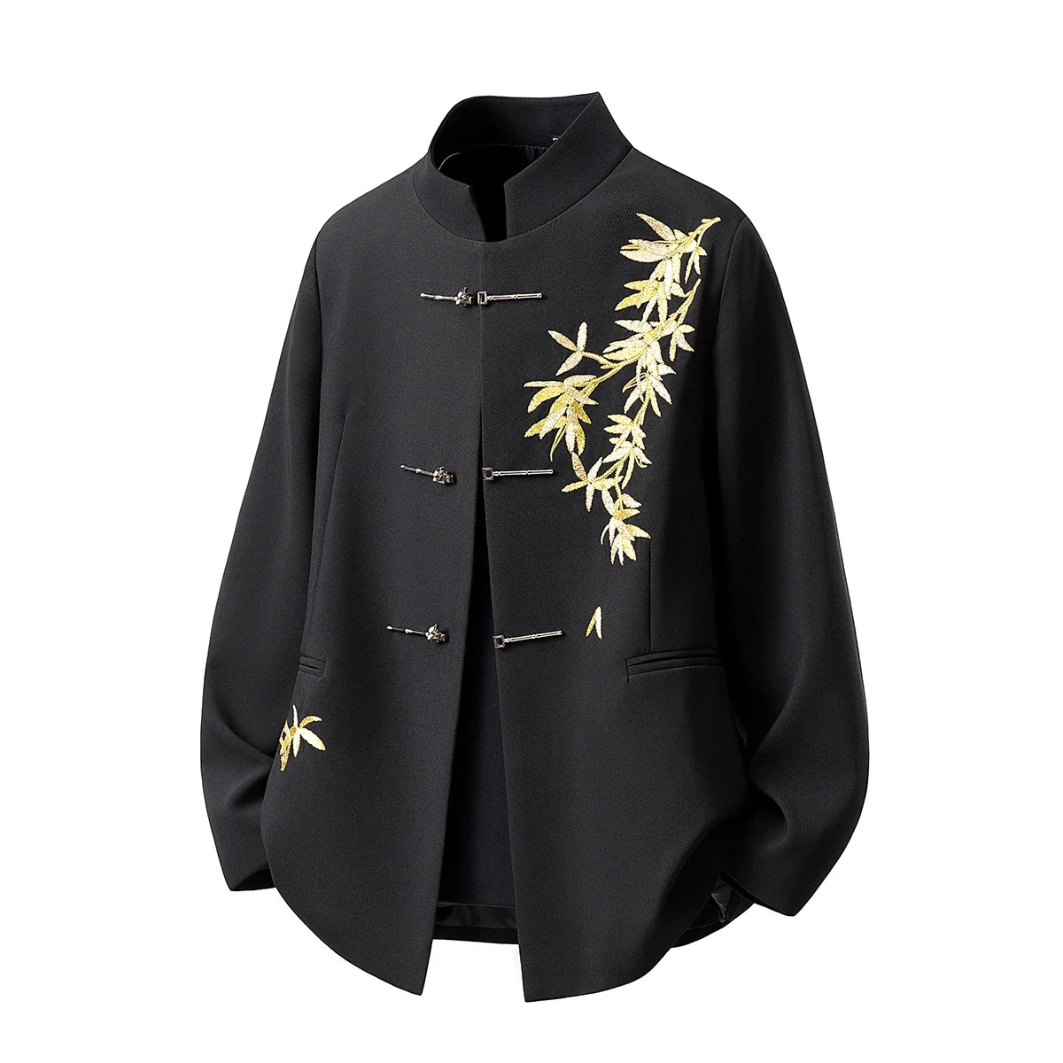 Blazer Hombre Men Luxury Clothing Oversized Chinese Style Golden Bamboo Embroidery Metal Buckle Elegant Suit for Man Jacket Coat