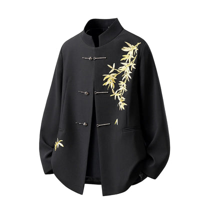 Blazer Hombre Men Luxury Clothing Oversized Chinese Style Golden Bamboo Embroidery Metal Buckle Elegant Suit for Man Jacket Coat