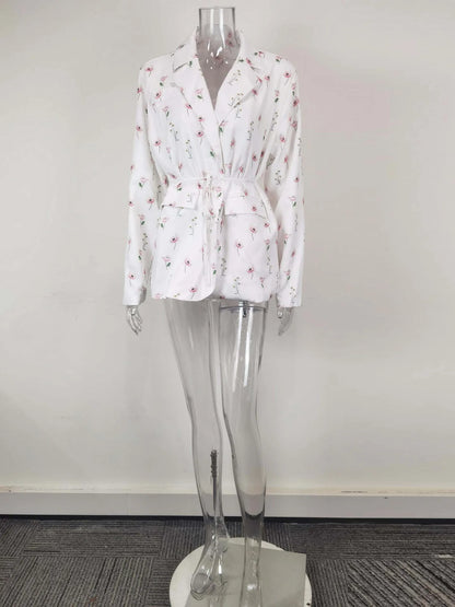 Spring Autumn Fashion Women's Pure Color Belted Shoulder Pad Suit Coat Commute Style Loose Fit Long Sleeve Regular Length