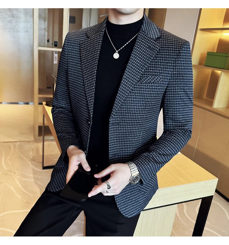 British Style Plaid Suit Jacket For Men 2025 New Business Casual Slim Blazer Formal Wedding Party Suit Dress Coats Men Clothing