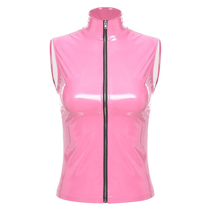 Adults Wet Look Sleeveless Waistcoat Women Fashion Zipper Vest Patent Leather Tops Vests Nightclub Clubwear Clubbing Costume