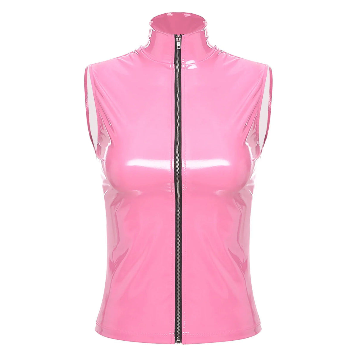 Adults Wet Look Sleeveless Waistcoat Women Fashion Zipper Vest Patent Leather Tops Vests Nightclub Clubwear Clubbing Costume