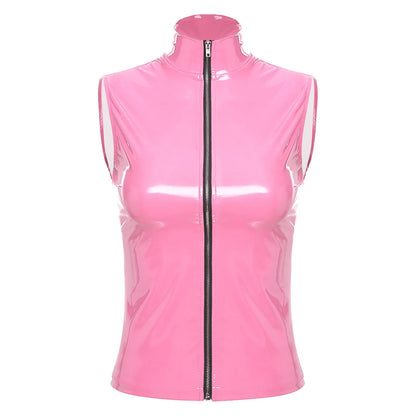 Adults Wet Look Sleeveless Waistcoat Women Fashion Zipper Vest Patent Leather Tops Vests Nightclub Clubwear Clubbing Costume