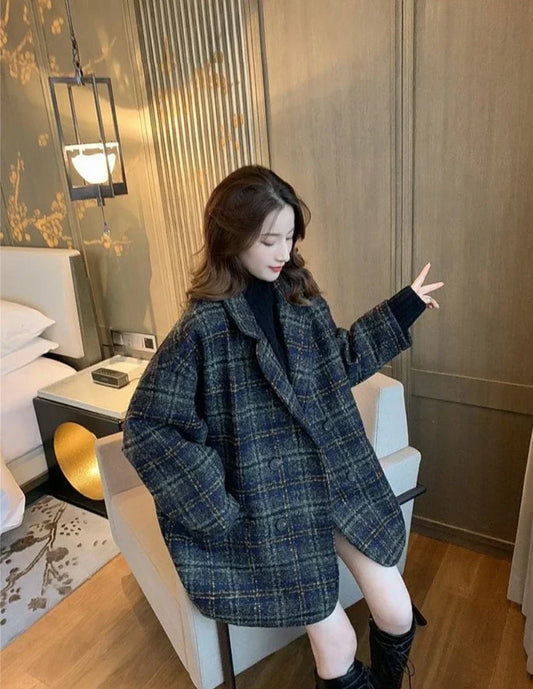 Women's Korean Fashion Long Sleeve Lapel Blazer Loose Woolen Fabric Short Coat Spring Autumn Collection