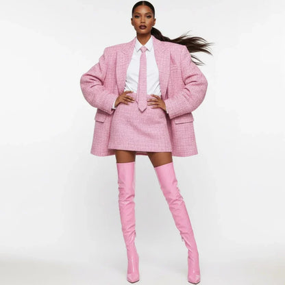 Vibrant Women's Pink Tweed 2Piece Suit Set Peaked Lapel Single Breasted Jacket+Skirt Elegant Formal Evening Party Oversized Wear