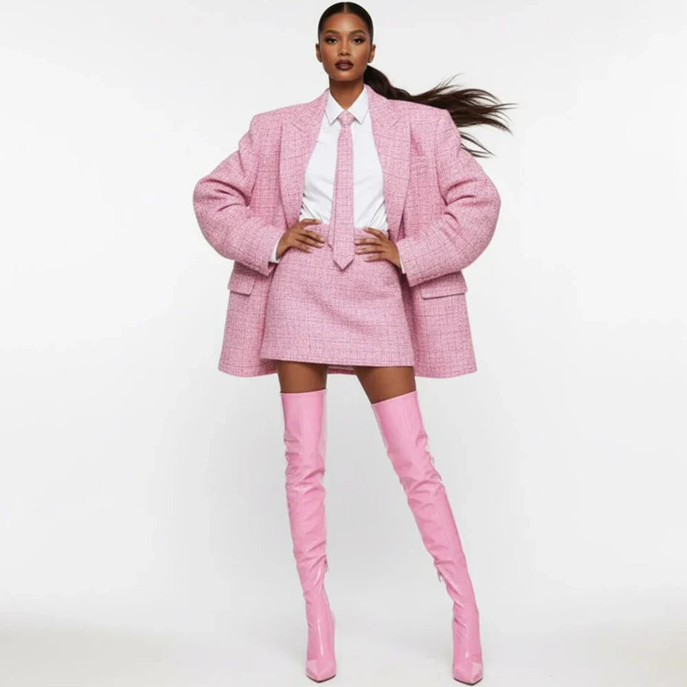 Vibrant Women's Pink Tweed 2Piece Suit Set Peaked Lapel Single Breasted Jacket+Skirt Elegant Formal Evening Party Oversized Wear
