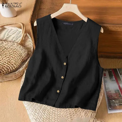 Woman Breathable Cotton Linen Solid Color Tank Tops Summer V-Neck Button Up Sleeveless Tops ZANZEA Daily Casual Vacation Tanks