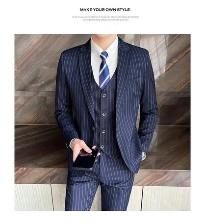 2024 Slim Fit Striped Three-Piece Business Suit Vest Trousers Set Korean Fashion Trend Handsome Wedding Outfit