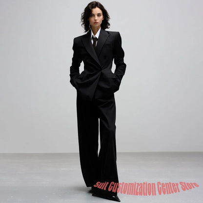 Women's Tailored Black Double Breasted Suit Set Slim Fit Jacket+Pants Two Pieces Formal Blazer for Evening Party & Business