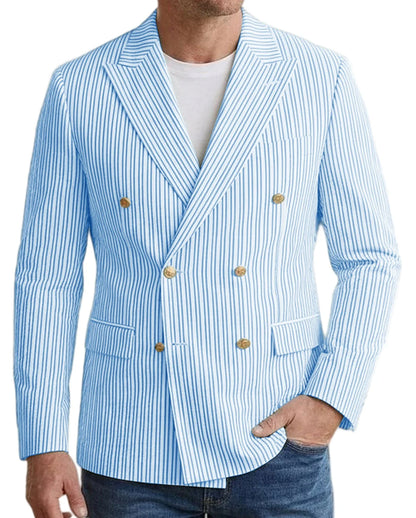 Vintage Men's Striped Double Breasted Blazer Casual Business Suit Jacket Lightweight Notched Lapel Sport Coat Wedding Party Wear