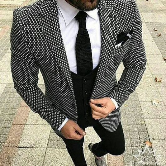 Black White Pattern Tweed Men Suit Slim Fit Floral Wedding Suits for Men Groom Tuxedo 3 pieces Custom Prom Blazer Terno