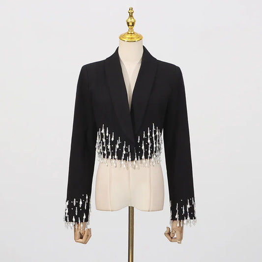 Spring Autumn New Women Short Blazer Elegant Luxury Studded Diamoonds Turn-down Collar Long Sleeves High-end Jacket HK18156
