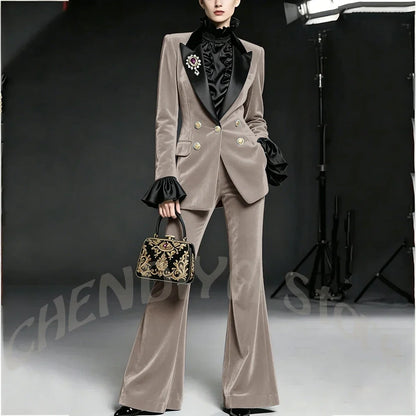 Wine Red Women Suit Stylish Velvet Elegant Outfit Peaked Lapel Blazer Pants Evening Party Prom Female Clothing Two Pieces