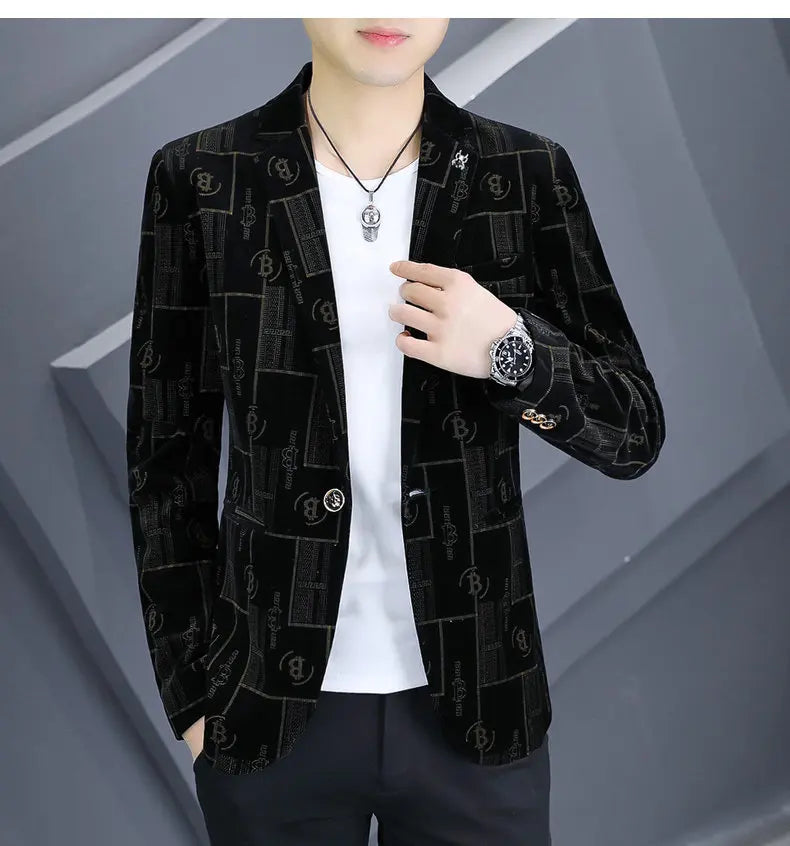 Autumn Luxury Corduroy Suit Jacket for Men Letter Printed Casual Business Men Blazers Slim Fit Social Banquet Party Dress Coats