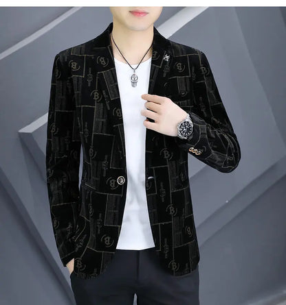 Autumn Luxury Corduroy Suit Jacket for Men Letter Printed Casual Business Men Blazers Slim Fit Social Banquet Party Dress Coats