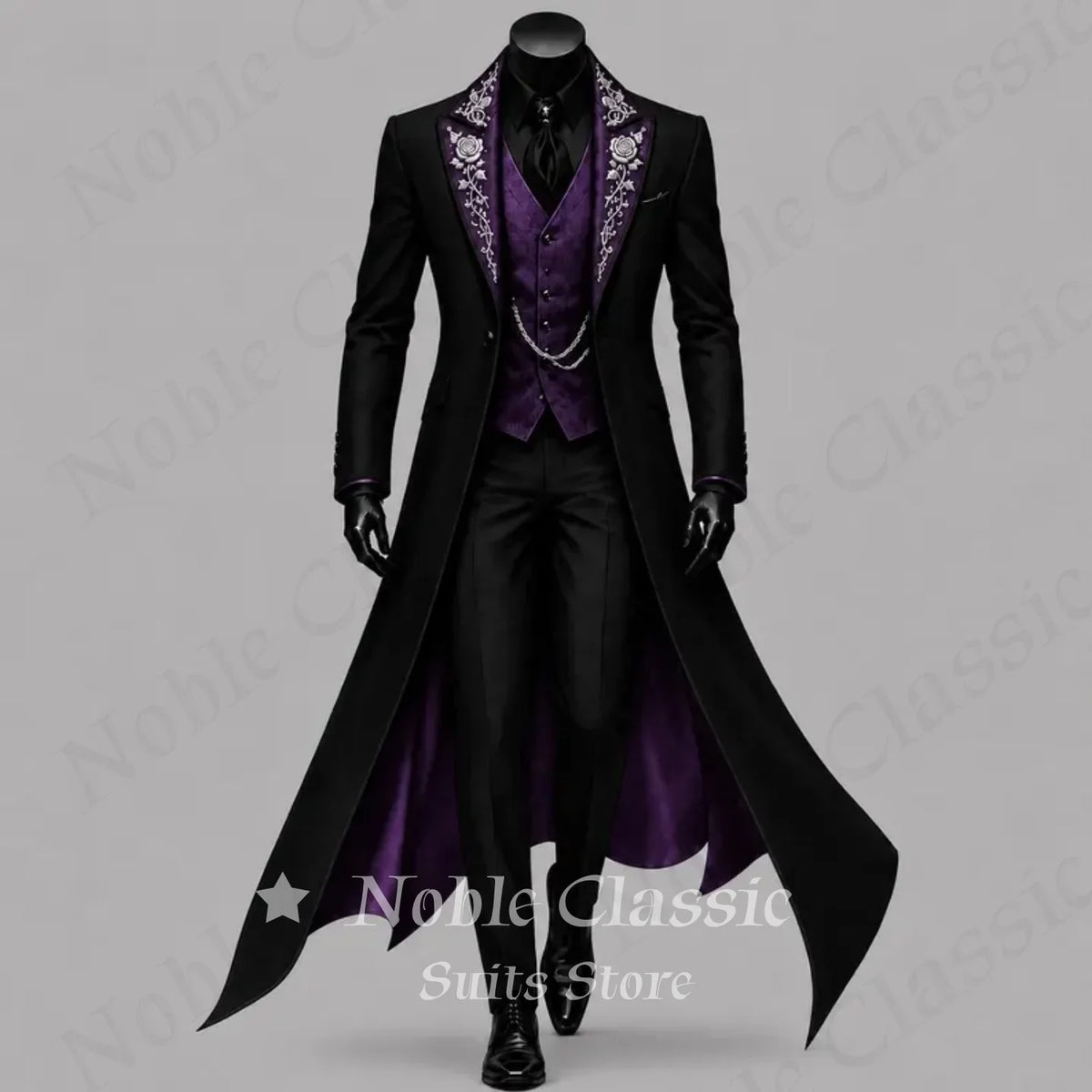 Men Black Gothic Long Tail Coat 3 Pieces Suit Jacket Purple Vest Pants Set Tuxedo Formal Banquet Wedding Cosplay Customized