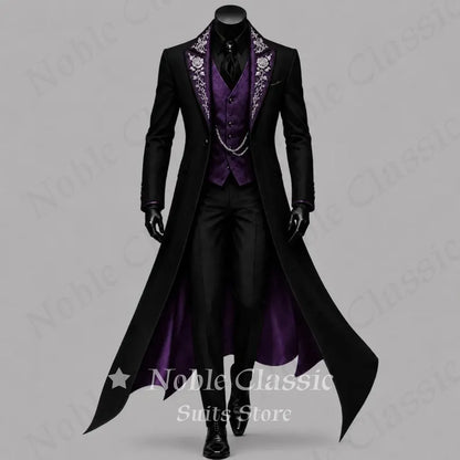 Men Black Gothic Long Tail Coat 3 Pieces Suit Jacket Purple Vest Pants Set Tuxedo Formal Banquet Wedding Cosplay Customized