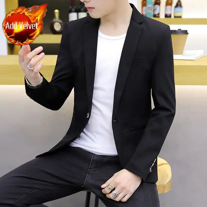 Men's Autumn Winter Fleece-Lined Slim Fit Casual Blazer Korean Style Solid Color Thick Warm Youth Fashion Suit Jacket