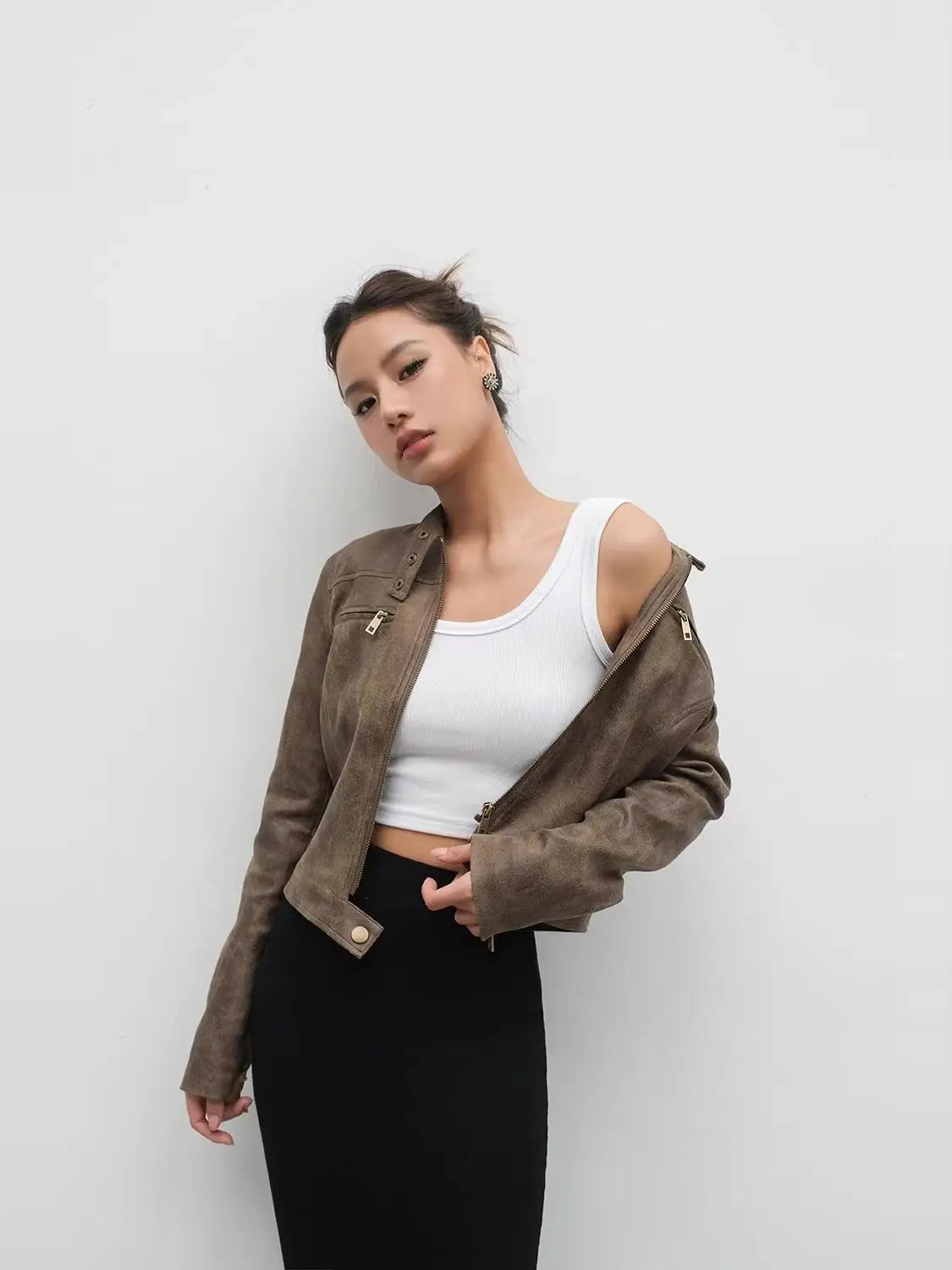 Women's Brown Leather Coat Vintage Y2k Gyaru Fashion Moto Outfit Stand Collar PU Cropped Jacket Top for Women Autumn Winter 2026