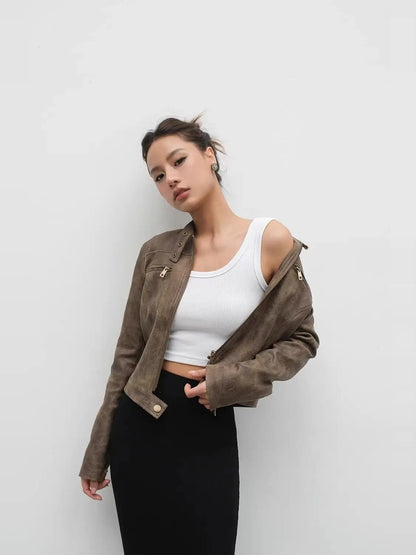 Women's Brown Leather Coat Vintage Y2k Gyaru Fashion Moto Outfit Stand Collar PU Cropped Jacket Top for Women Autumn Winter 2026
