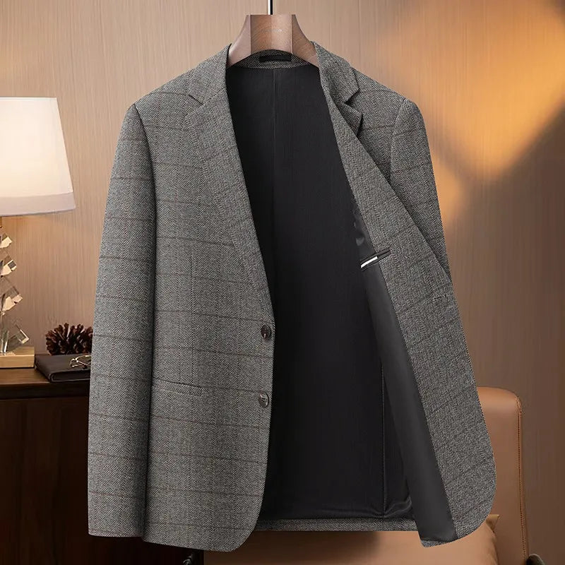 KIDWHXR Spring Autumn Men Suit Coat Retro Plaid Business Casual Male Blazer Non-ironing Single-breasted Versatile Man Outerwear