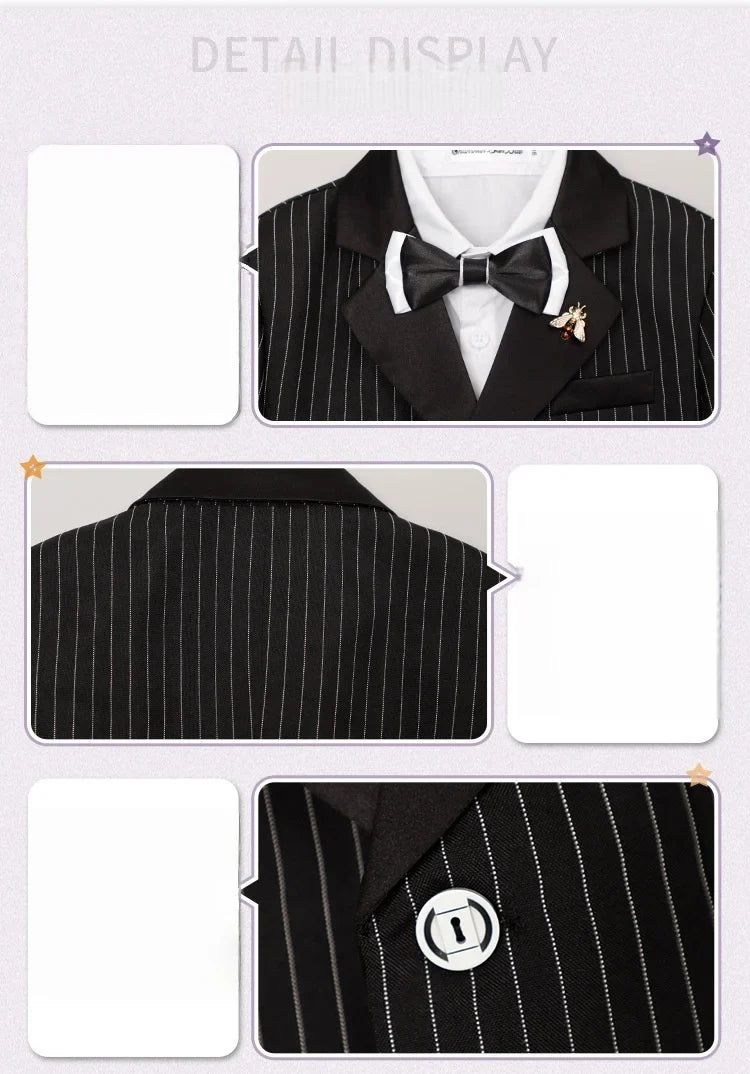 1-11Years Boys Spring Autumn Striped Suit Set Kids Formal Wedding Birthday Party Wear With Jacket Pants Bowtie Brooch