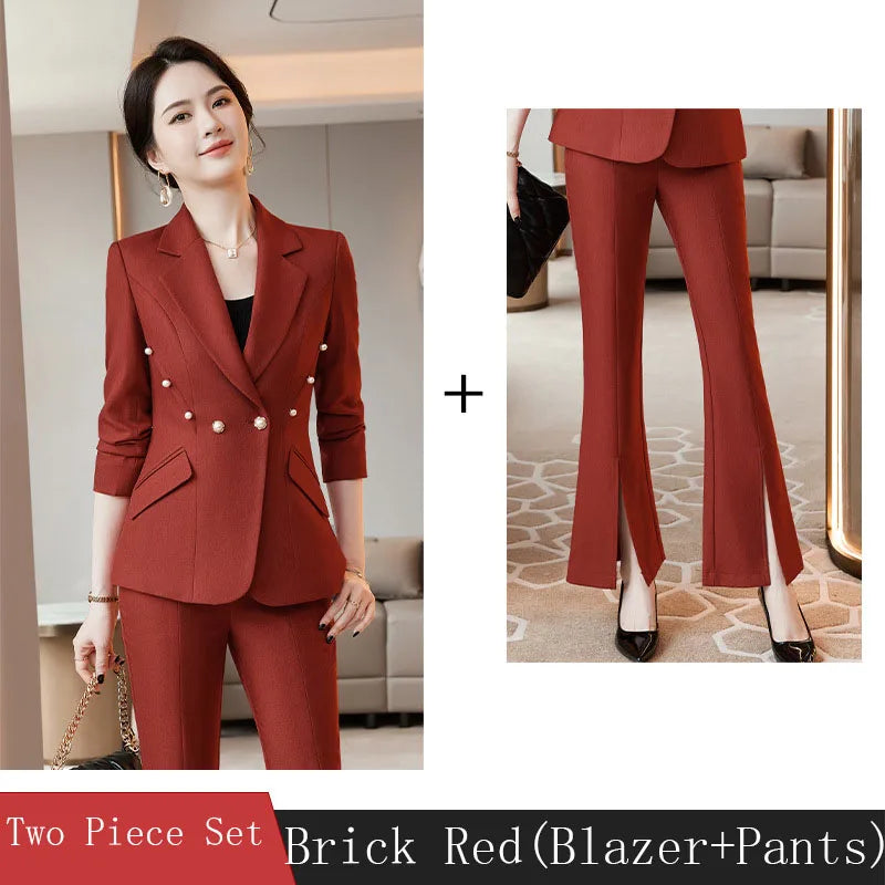 Office Lady Formal Blazer Pants Suits 2 Piece Matching Set Conjuntos Para Mujeres Plus Size Jacket Split Flare Pants Sets New