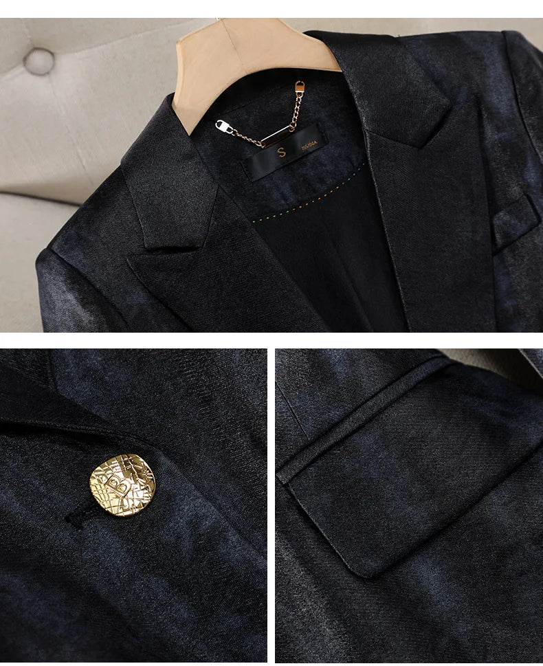 Women Golden Black Formal Pant Suit Autumn Female Tie-dye Blazer and Trouser 2 Piece Set For Office Ladies Winter Work Wear
