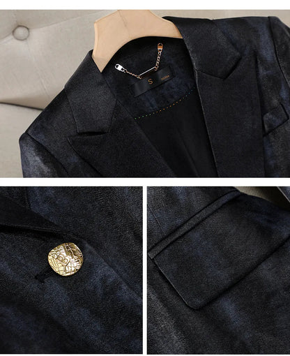 Women Golden Black Formal Pant Suit Autumn Female Tie-dye Blazer and Trouser 2 Piece Set For Office Ladies Winter Work Wear