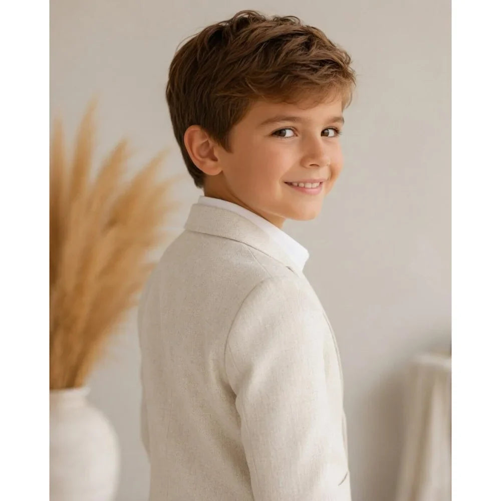 Beige Linen Single Breasted Boys Suit 2 Piece Set Kids Page Boy Wedding Blazer Pants Outfit For Summer Beach Casual Daily Party