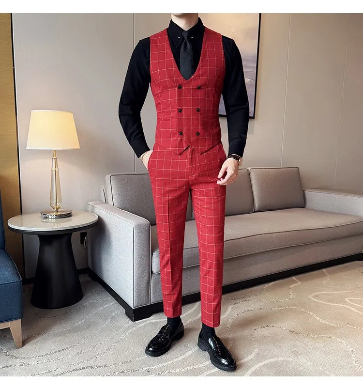 Men's 3-Piece Slim Fit Plaid Suit – Jacket, Vest & Pants for Weddings, Office & Formal Occasions