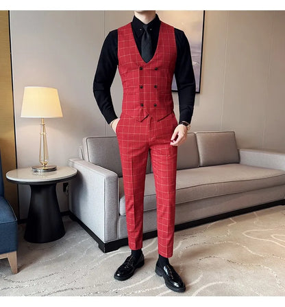 Men's 3-Piece Slim Fit Plaid Suit – Jacket, Vest & Pants for Weddings, Office & Formal Occasions