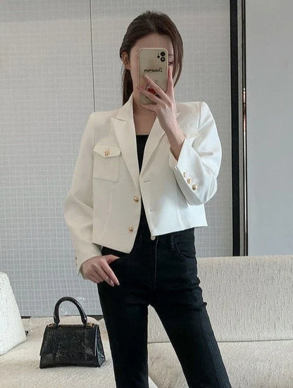 Women's New Petite Short White Suit Jacket Blazer Premium Casual Solid Color Spring Autumn Korean Style Elegant Temperament