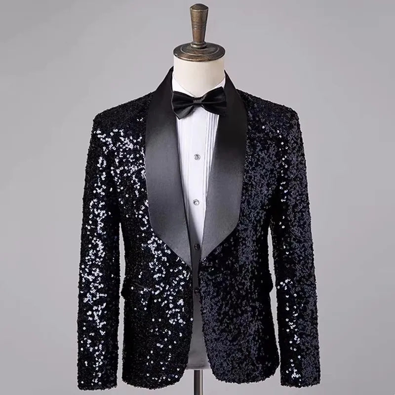 Men's Fashion Slim Fit Sequin Suit Jacket Shawl Formal Lapel Tuxedo Wedding Banquet Host Singer Nightclub Bar Stage Performance