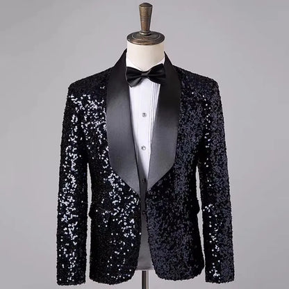 Men's Fashion Slim Fit Sequin Suit Jacket Shawl Formal Lapel Tuxedo Wedding Banquet Host Singer Nightclub Bar Stage Performance
