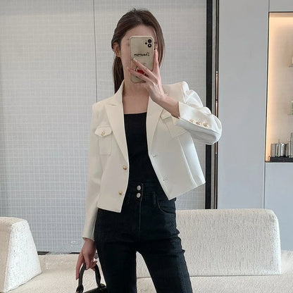 Women's New Petite Short White Suit Jacket Blazer Premium Casual Solid Color Spring Autumn Korean Style Elegant Temperament