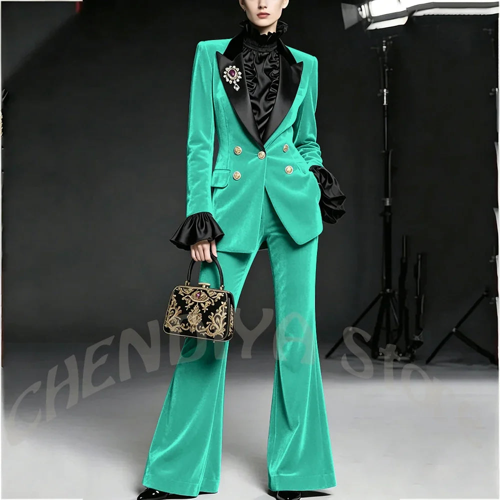 Wine Red Women Suit Stylish Velvet Elegant Outfit Peaked Lapel Blazer Pants Evening Party Prom Female Clothing Two Pieces